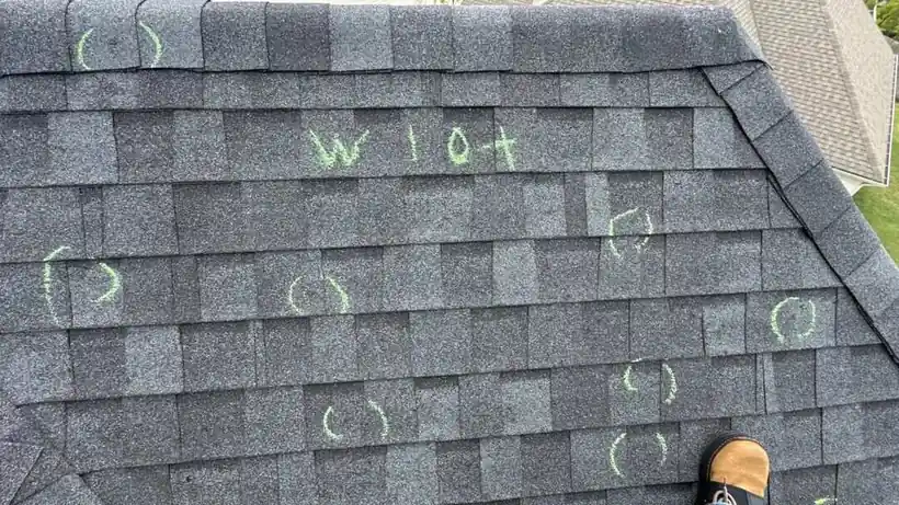 Asphalt shingles with hail hits circled in chalk and a test-square note written beside them